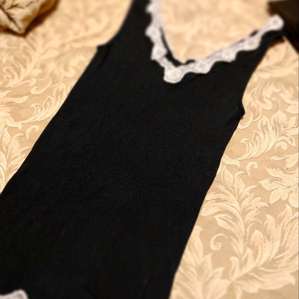 🐦⬛ Sweet Precious Merona Black Ribbed & Ivory Scalloped Lace Cami Tank Top - M - Picture 12 of 15